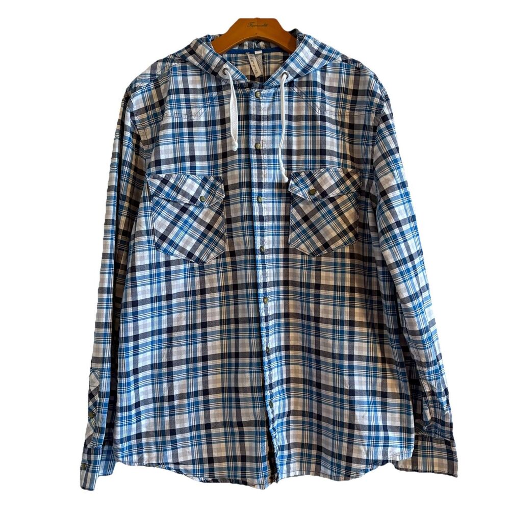 Kirra Blue Plaid 100% Cotton Long‎ Sleeve Western Pearl Snap Hoodie Mens Size XL